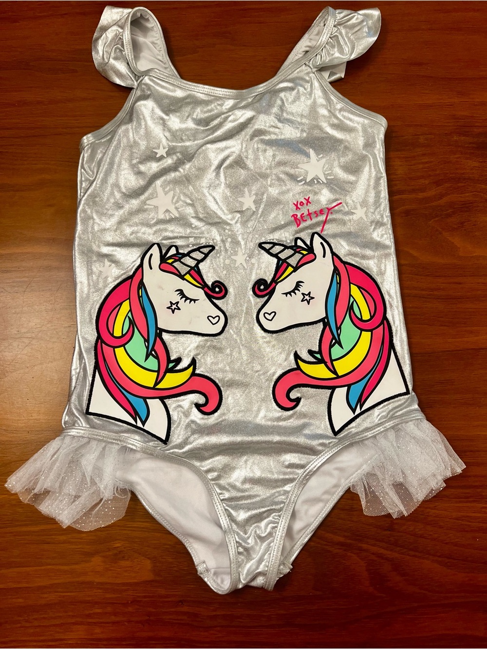 Betsey Johnson Girls Silver Unicorn Stars One Piece Swimsuit Size XL (14)